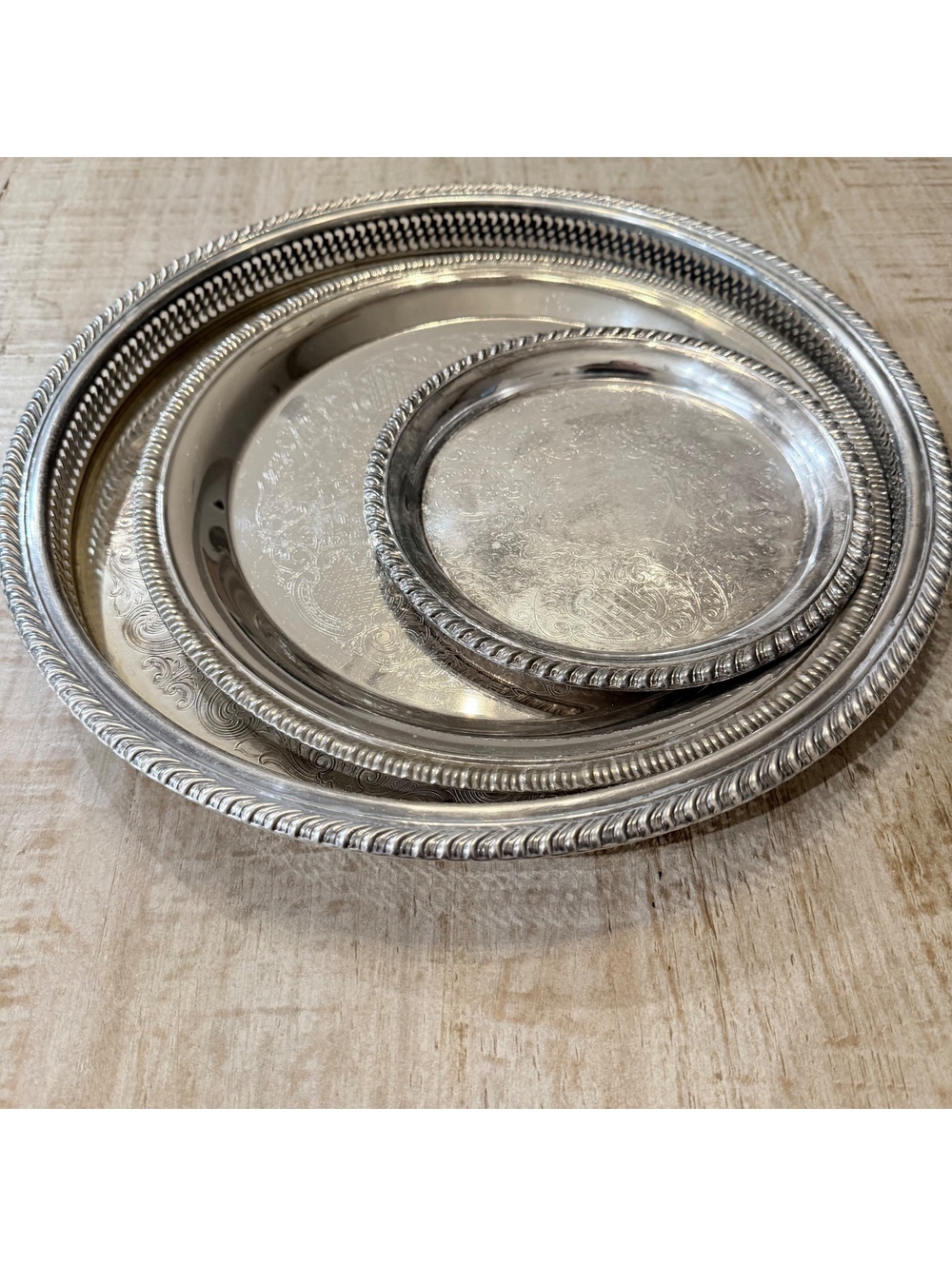 Vintage Silverplate Serving Tray Lot of 3 Ornate Round Trays Leonard Mixed
